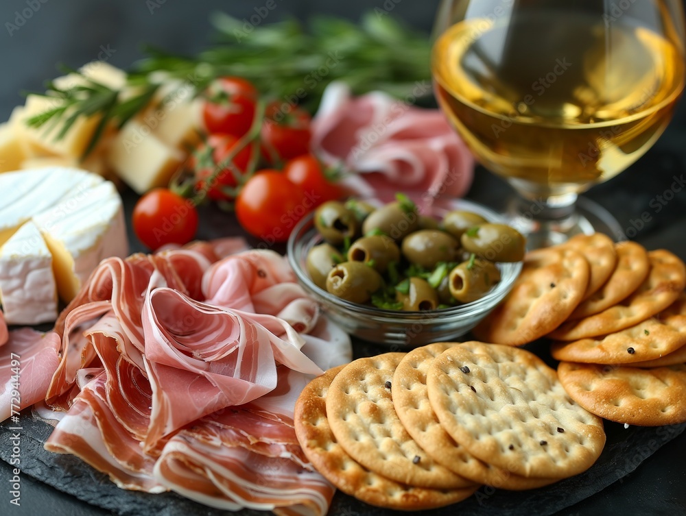 food starters, prosciutto and parma ham, crackers, cheeses with glass of white wine food starters, prosciutto and parma ham, crackers, cheeses with glass of white wine