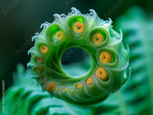 Young green shoots of ferns. Close up. Hawaiian Hapuu ferns, shoots and leaves photo