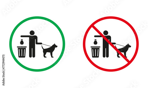 Please Clean Up After Your Dog Poop Warning Sign. Man Throw Bag With Shit Into Trash Can Silhouette Icons Set. Walking With Dog Allowed and Prohibited Symbol. Isolated Vector Illustration