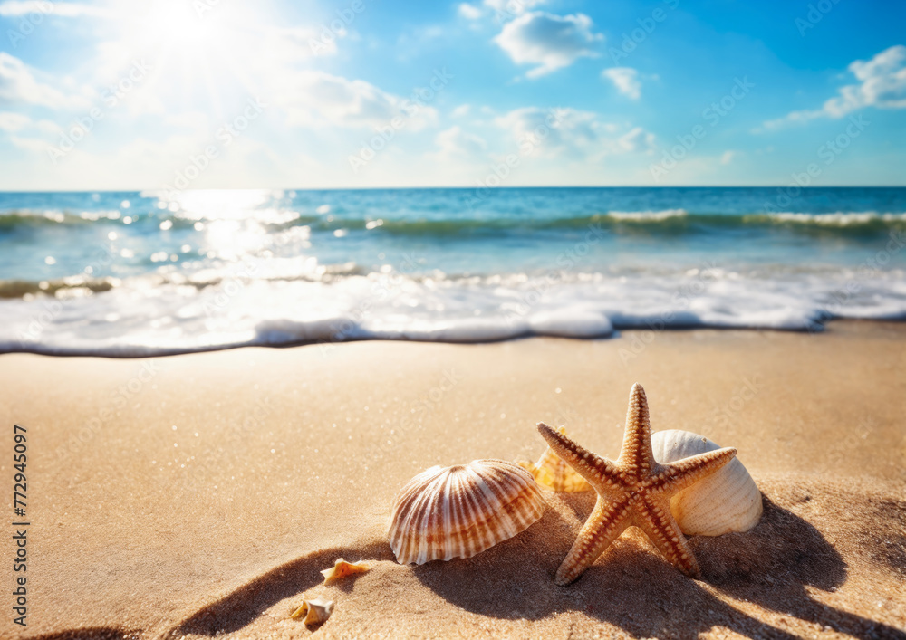 Starfish and seashells on sandy beach with sea background. Starfish and seashells on sandy beach with sea background.