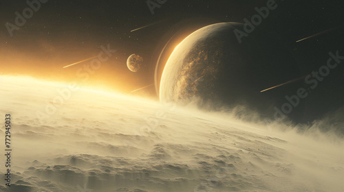 a planet with a moon and stars in space