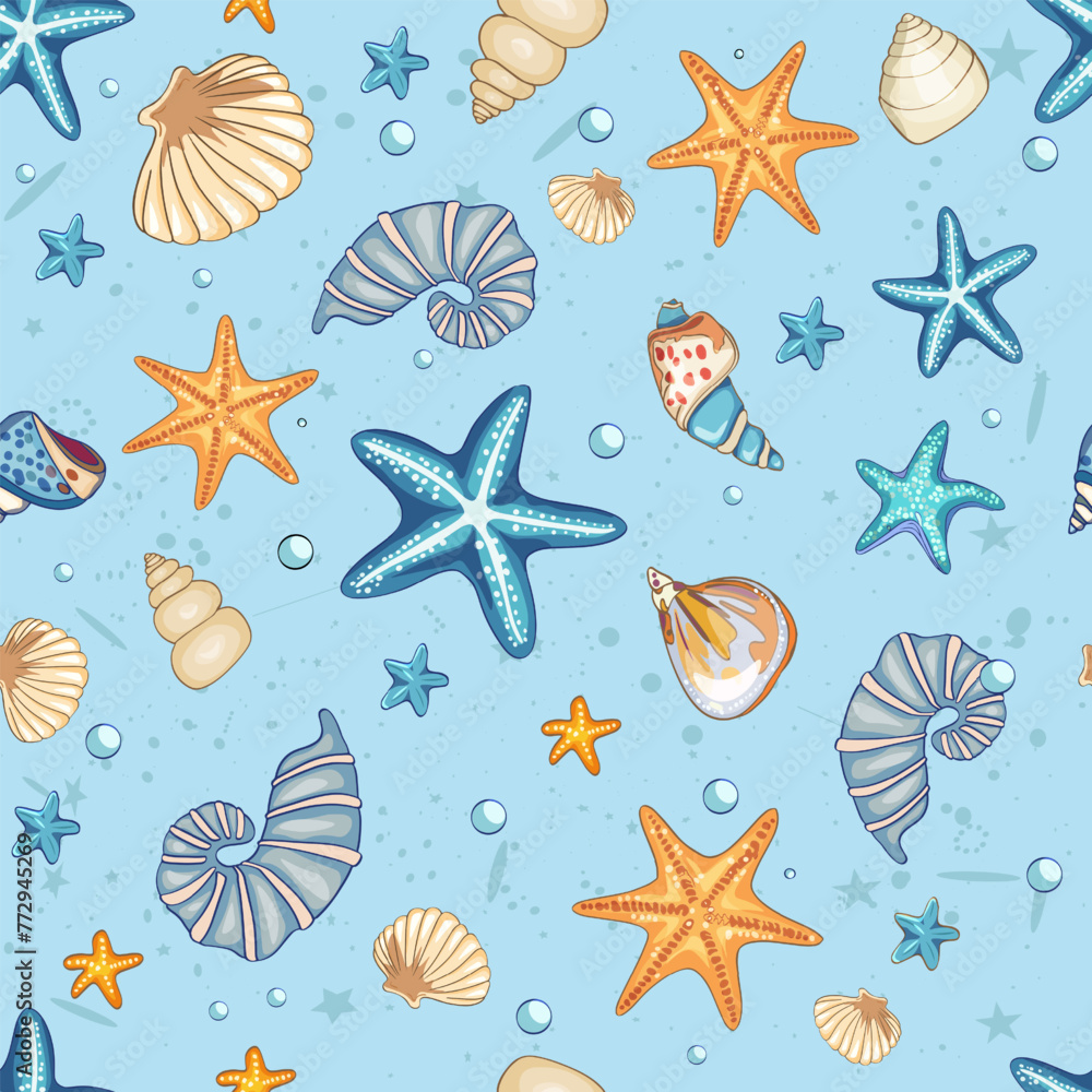 Marine pattern. Fish, anchor, octopuses, sharks, whales. Vector seamless pattern with decorative sea elements. Vintage background