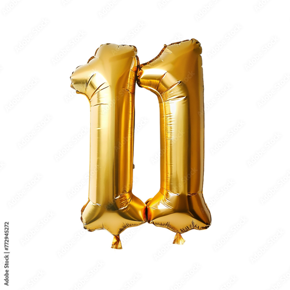 Fototapeta premium Number 11 gold foil balloon isolated on transparent background. Helium balloon font.