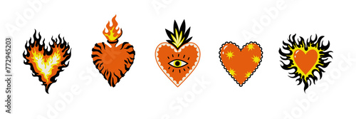 Boho celestial magic art mexican sacred hearts with stars eyes flame fire. Contemporary illustration sticker in naive bohemian style. Mystic cosmic tarot aesthetic. Black red white yellow colors (ID: 772945203)