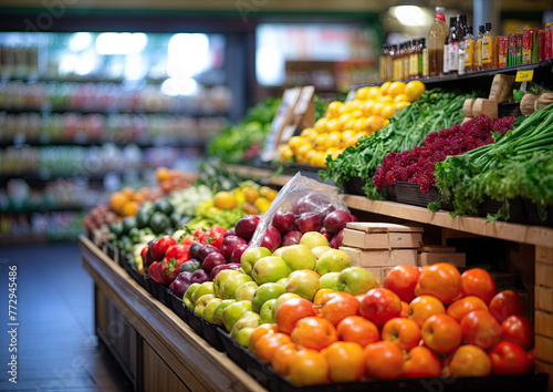 Fruits and vegetables on a shelf in a supermarket or grocery store