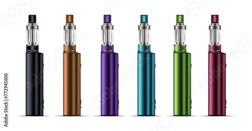 Set of vector drawings of electronic cigarette devices of different colors