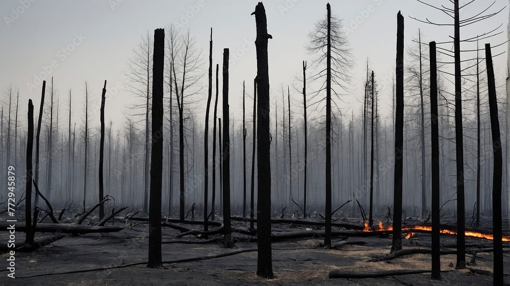 Blackened charred trees and plants after a fire Blackened charred trees and plants after a fire
