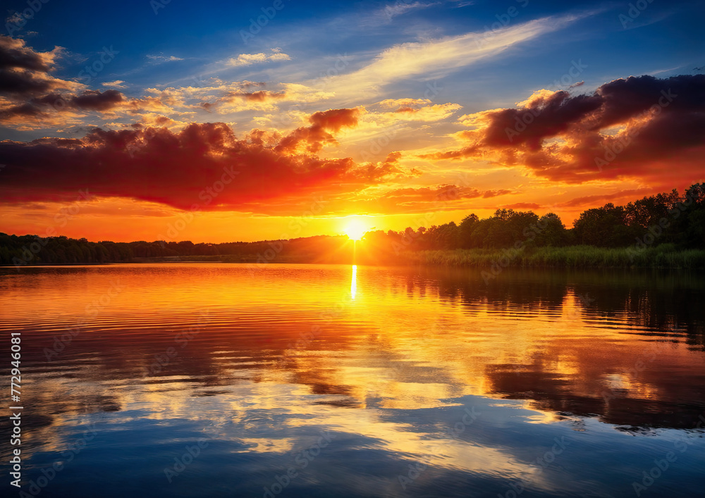 beautiful sunset on the lake with clouds reflected in the water, nature series beautiful sunset on the lake with clouds reflected in the water, nature series
