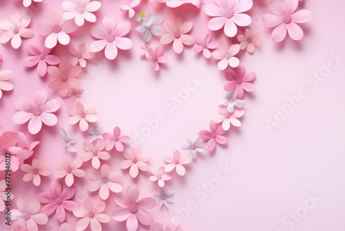 Heart-shaped arrangement of delicate pink flowers on a soft background, conveying love and gentleness.