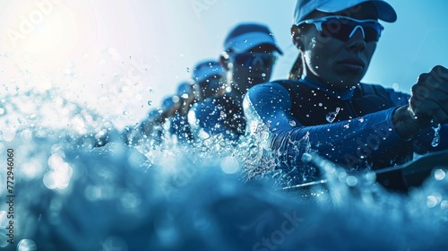 Close up photo of sportsman in sportswear, helmets hardly paddling in motion with splashes of water on canoe on fast river. Blue filter. © Lustre