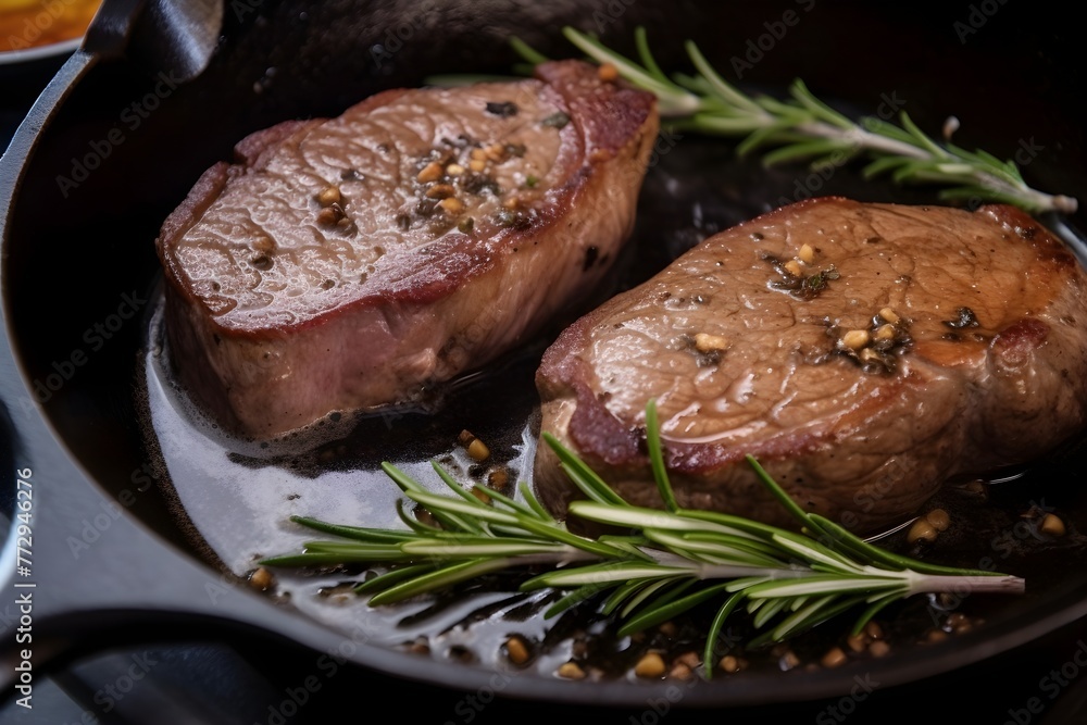 Steak with rosemary on a black skillet Steak with rosemary on a black skillet