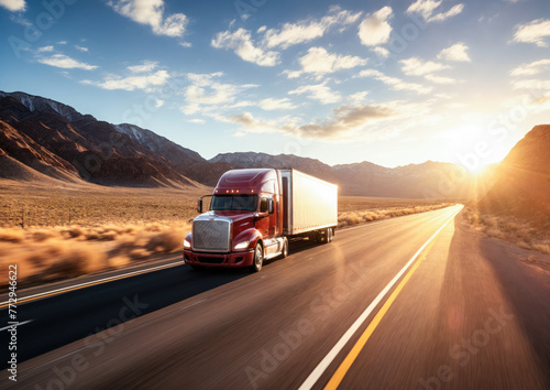 Truck on the highway in the desert at sunset © Hoody Baba