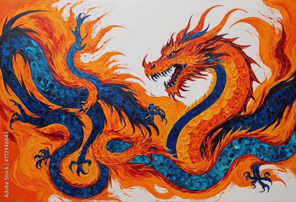 dramatic wallpaper with a pattern of flames in different shades of fiery orange, overlaid with an intense multicolored painting of a dragon