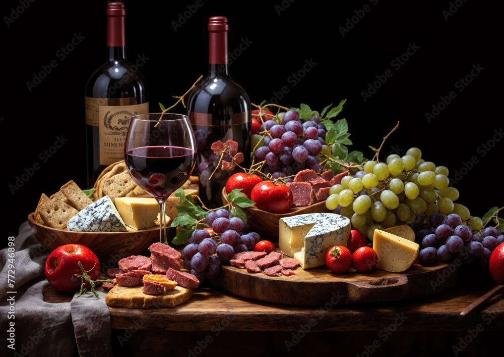 Still life with red wine, cheese and grapes on a black background