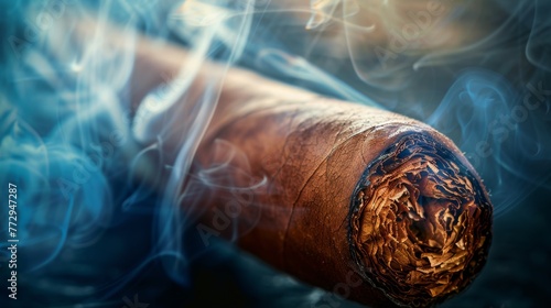 Close-up of a lit cigar with smoke photo
