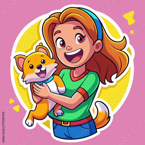 A vibrant sticker featuring a cheerful girl wearing a trendy t-shirt, joyfully carrying her adorable pappy dog in her arms