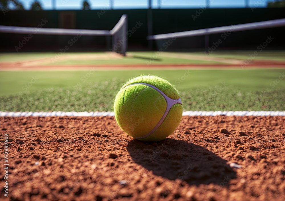 Tennis ball on the clay court with net in the background.