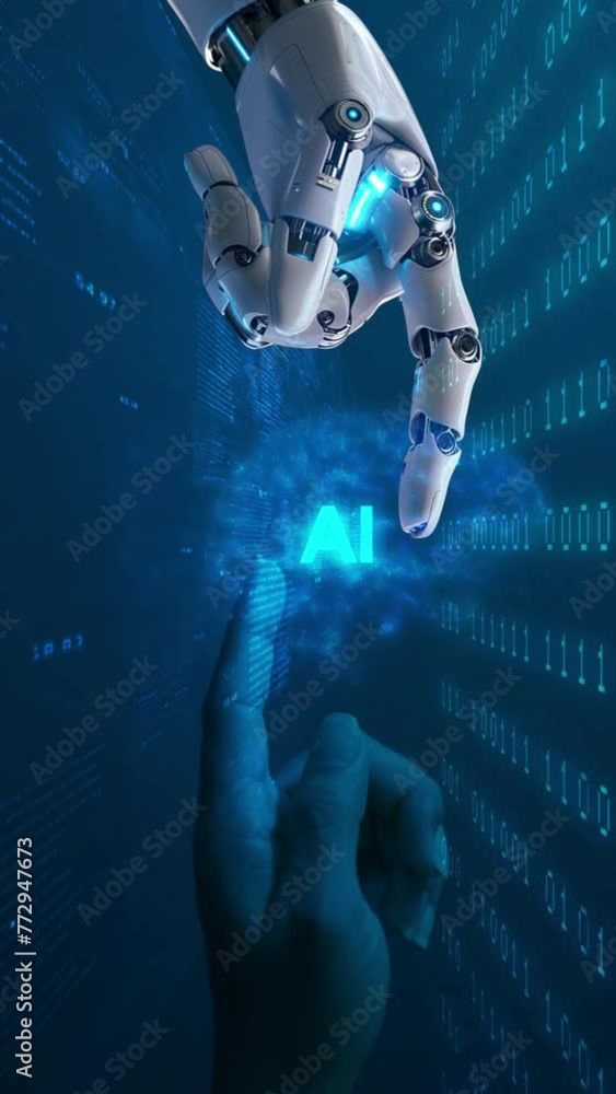 Robot hand 3D and human hand touch in AI artificial intelligence brain ...