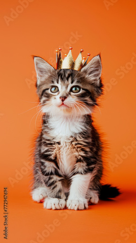 Adorable tabby kitten in golden crown on orange background. Kingsday celebration in the Netherlands concept