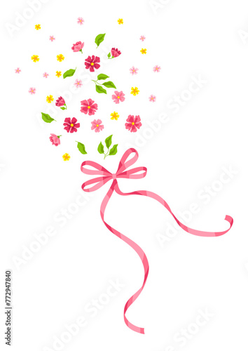 Ribbon with bow and flowers. Beautiful decorative natural plants and leaves.