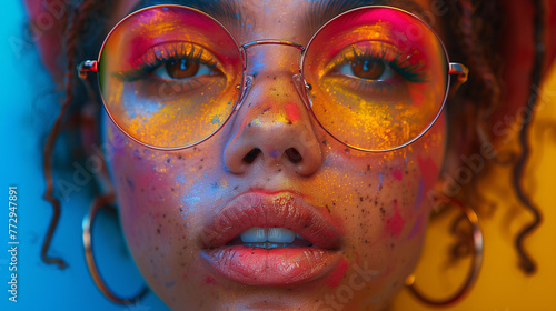 Close-up of a woman with colorful makeup and glasses.