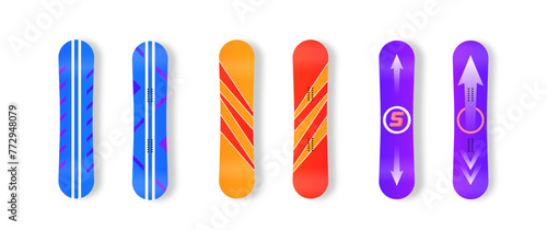 Winter sport icons of snowboard. Set of different snowboards are ready for your design isolated on white background. Elements for ski resort picture, mountain activities