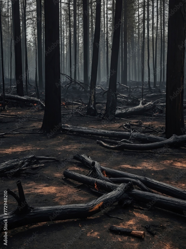 Blackened charred trees and plants after a fire