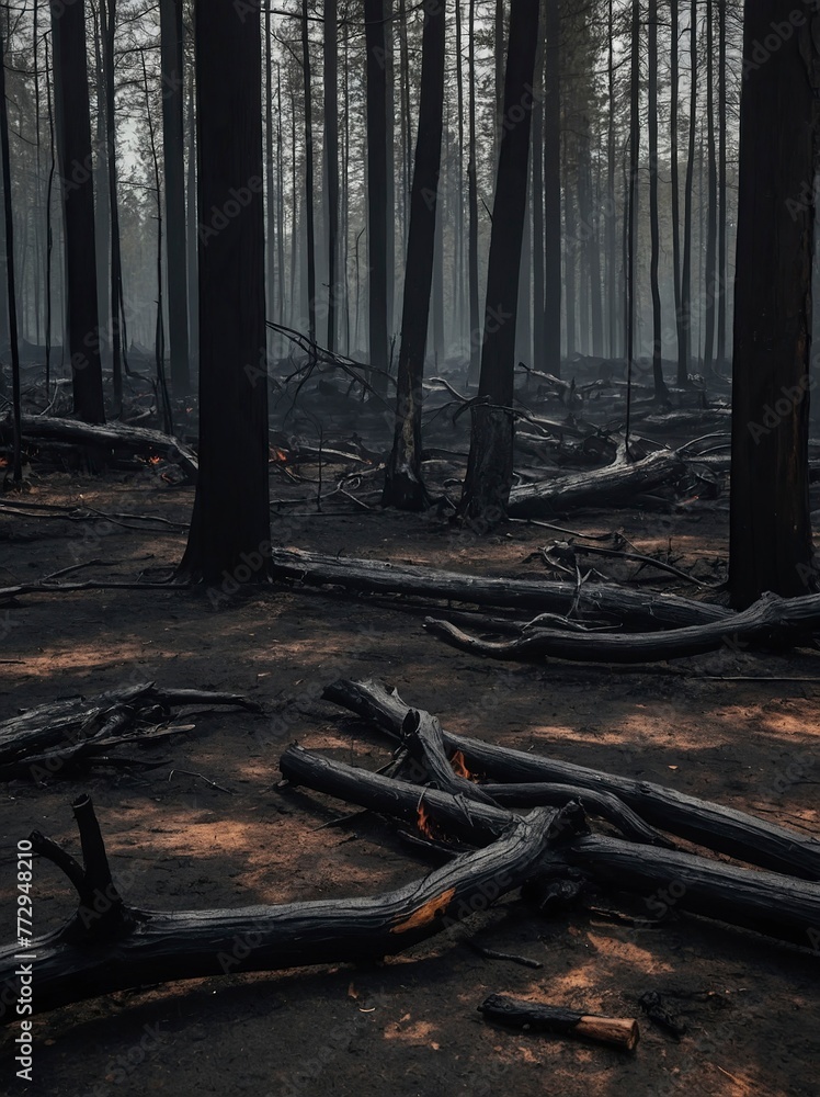 Blackened charred trees and plants after a fire Blackened charred trees and plants after a fire