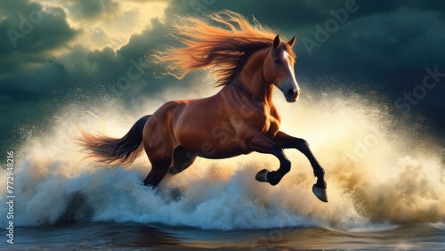 dynamic scene capturing a spirited horse with a radiant mane  its hooves striking water  creating a symphony of splashes under a tumultuous sky