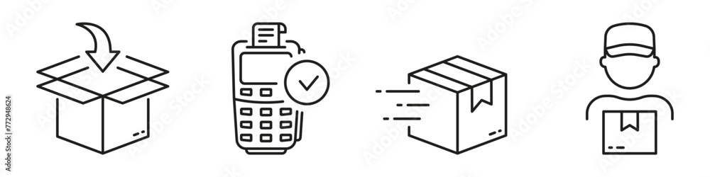 Delivery Process Line Icon Set. Order, Package, Payment, Shipping Symbol Collection. Shipping Guide Linear Pictogram. Purchase And Delivery Steps. Editable Stroke. Isolated Vector Illustration Delivery Process Line Icon Set. Order, Package, Payment, Shipping Symbol Collection. Shipping Guide Linear Pictogram. Purchase And Delivery Steps. Editable Stroke. Isolated Vector Illustration