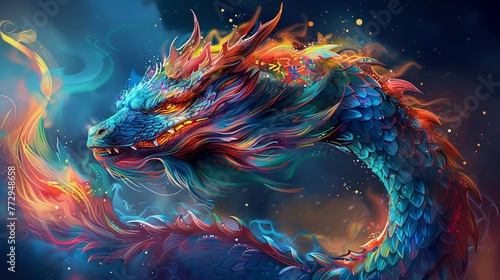 Craft a mesmerizing vector illustration featuring a colorful dragon