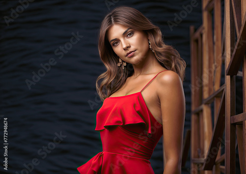fashion outdoor photo of beautiful sensual woman with dark hair in elegant dress and accessories
