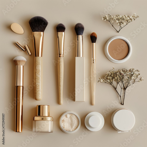 A collection of makeup brushes and products are displayed on a table