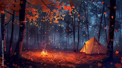 Enchanted autumn forest camping scene