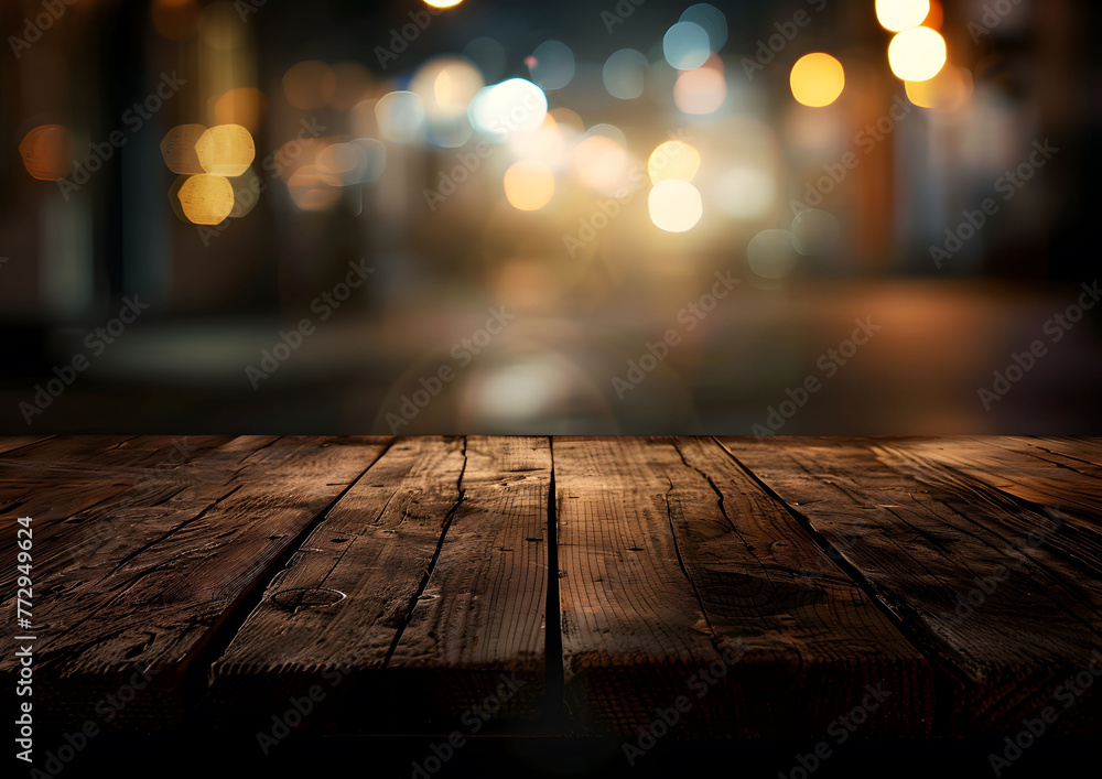 Empty wooden table top with blurred dark background for product display presentation.