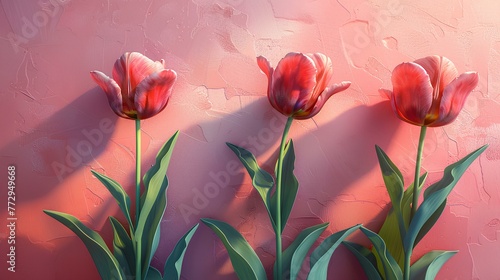 Red tulips stand tall on textured pink backdrop. Spring season poster.