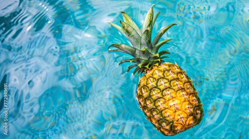Pineapple floating on clear blue water