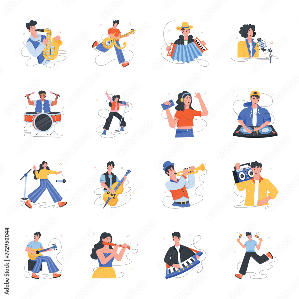 Pack of Rock Band Musicians Flat Character Icons 

