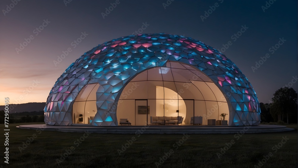 Obraz premium A futuristic dome-shaped house, illuminated by LED panels that change color with the weather Generative AI