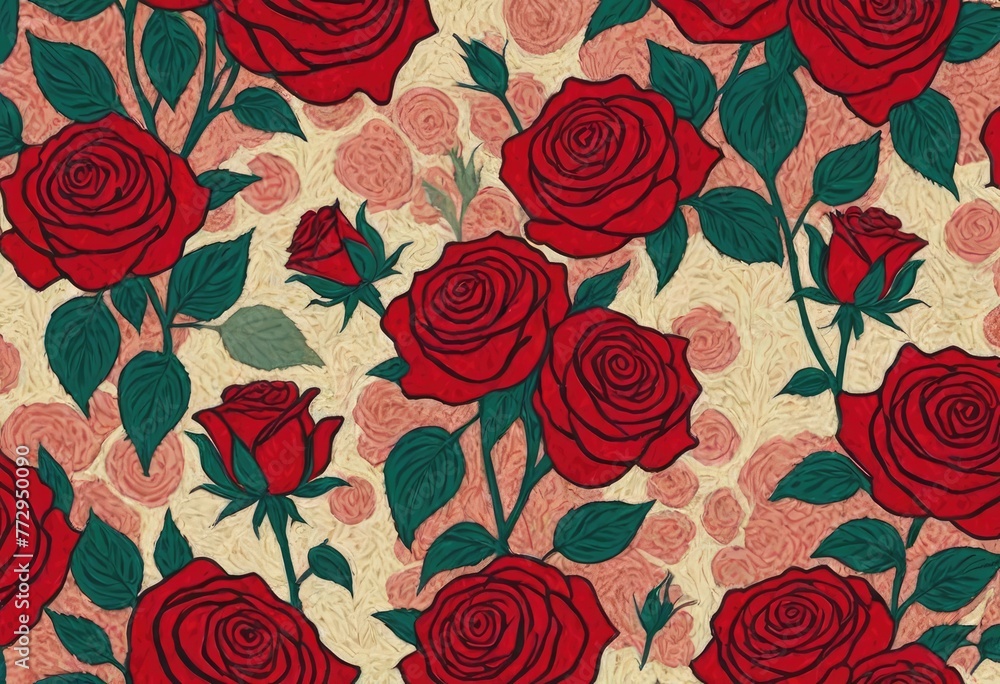 floral wallpaper with a pattern of roses in different shades of romantic red, overlaid with a beautiful multicolored painting of a garden. floral wallpaper with a pattern of roses in different shades of romantic red, overlaid with a beautiful multicolored painting of a garden.