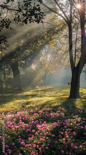 Sunbeams dancing among pink wildflowers. Sunbeams break through the trees  casting a magical light among a field of pink wildflowers