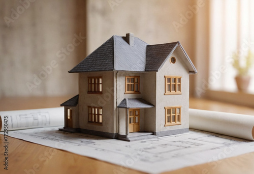 3d small house model on architecture floorplan Generative AI photo