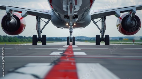 Zoomed in to perfection, an intense focus on an airplane's landing gear meeting the tarmac conveys the reliability and operational excellence synonymous with the airline industry. © Nawarit