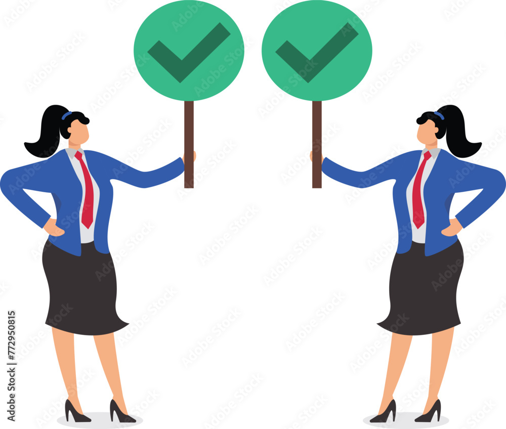 A Businesswoman holding up a sign with a Tick symbol that means A Businesswoman holding up a sign with a Tick symbol that means