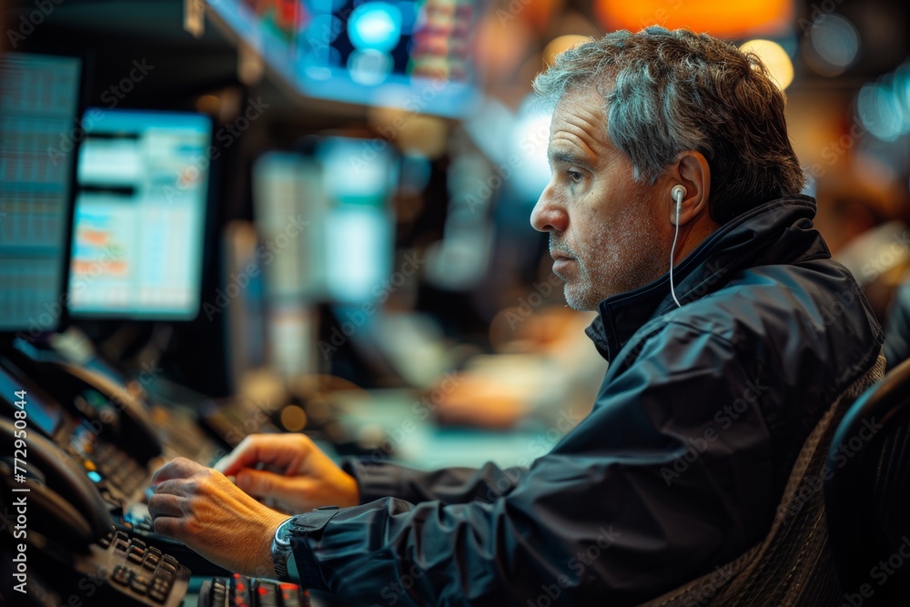 Trader with Earphones Monitoring Financial Markets