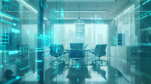 Boardroom meeting with futuristic holographic projections ,Double exposure of abstract virtual creative code skull hologram on modern corporate office background. Malware and cyber
