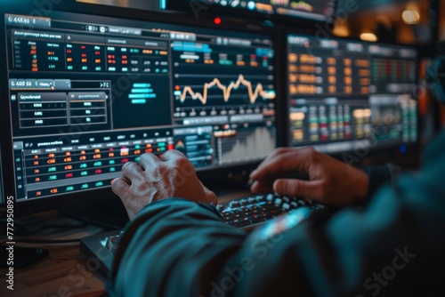 Trader Analyzing Financial Data on Computer Screens