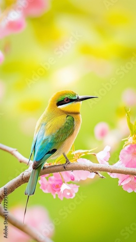 AI creates clear images of Blue-tailed bee-eater, bee-eater, Merops philippinus, birds perched on tree branches. Sakura, cherry blossoms in full bloom Near the waterfall and rocks covered with moss