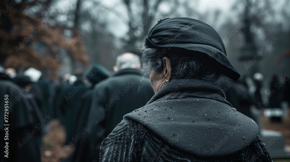 Fototapeta premium An elderly woman goes to the cemetery in a crowd of people sadly. A widow approaches the grave in the cemetery. Muted tones, a shot from the back, bokeh in the background.