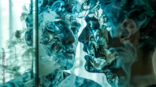 Abstract reflection of man merging with technology